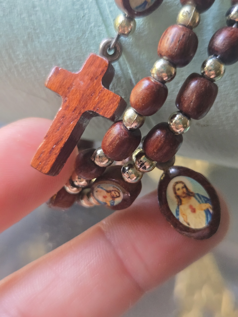 Religious Brown Wood Bead Stretch Bracelet with Silver Accents - Picture 2 of 3